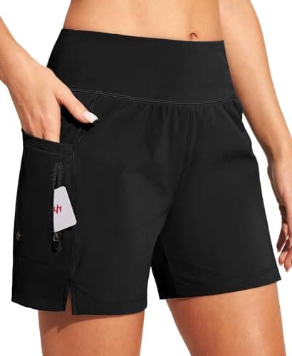 Ewedoos Womens Swim Shorts High Waisted Board Shorts for Women Stretchy 5" Swim Beach Short with Pockets Swimwear Liner Black