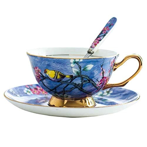Eplze Bone China Cup& Saucer Set, 6.8oz- Birds& Trees (Bright Blue)