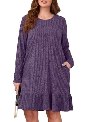 BELAROI Plus Size Sweater Dress Long Sleeve Dresses for Curvy Women Crew Neck Casual Fall Winter Loose Tunic Pockets Ruffle Hem (4X, Dark Purple)