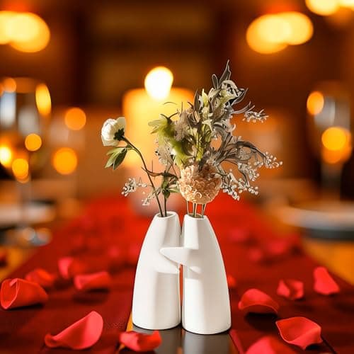 for Her – Embrace Ceramic Vase Set of 2, White Hugging Design Flower Vase, Minimalist Romantic Home Decor for Anniversary & Love Gifts