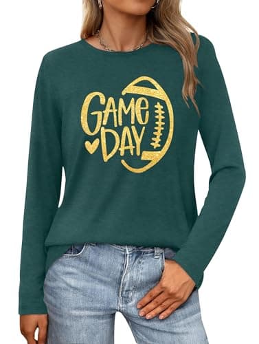 LAZYCHILD Game Day Shirts Women: Football Graphic Shirts Gameday Football Season Shirt Team Fan Long Sleeve Tops DarkGreen