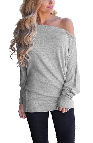 Lacozy Womens Off The Shoulder Sweatshirts Oversized Batwing Sleeve Loose Pullover Sweaters Tops Light Gray XL
