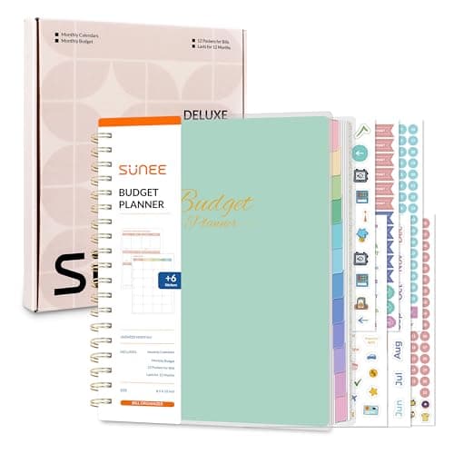 SUNEE Budget Planner - Deluxe Monthly Budget Book with 12-Pockets for Bill Organizer, Undated 12 Month Expense Tracker Notebook & Account Book B5 Size (8" x 10") to Manage Your Finance Planner, Green