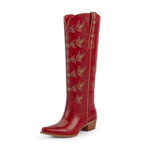 QIY Red Cowgirl Boots Womens Cowboy Boots for Women Western Embroidered Pointed Toe Knee High Cow Girl Chunky Heel Nashville Boot Size 8