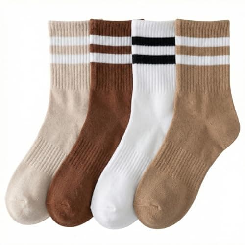 Rehelu Womens Striped Crew Socks Cotton Cozy Casual Athletic Long Socks for Women 4 Pairs Size 5-9