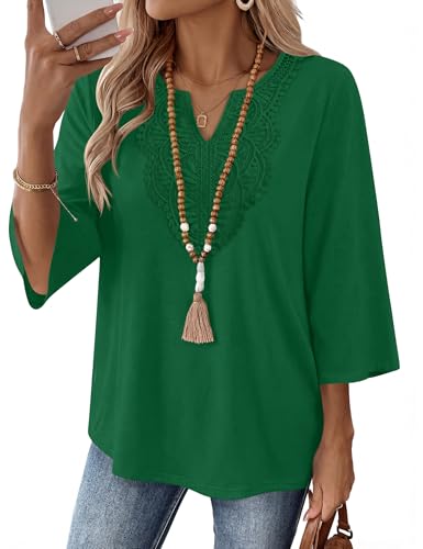 Ivicoer Boho Tops for Women Womens Tops 3/4 Sleeve Lace Blouses for Women Lace Top Casual Outfits Vacation Outfits Green
