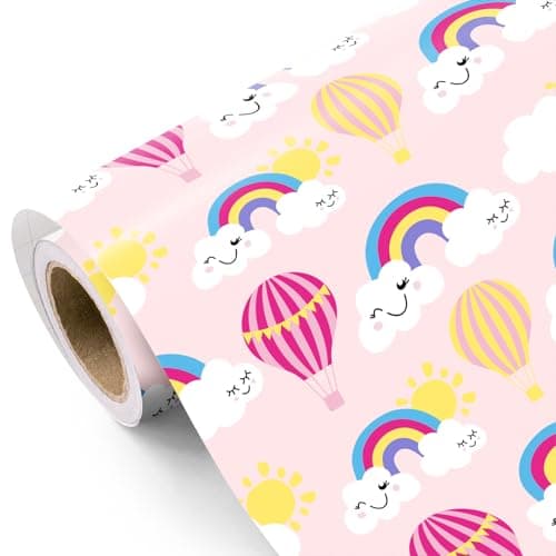 WRAPAHOLIC Pink Wrapping Paper Roll - Mini Roll - 17 Inch x 9.8 Feet - Pink Rainbow, Hot Air Balloon, Cloud Wrapping Paper for Girls Birthday, Baby Shower, Wedding