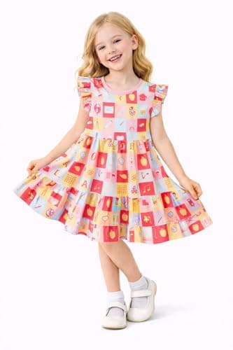 HILEELANG Girls Cotton Tiered Dress Flutter Ruffle Sleeve Flowy Swing Sundress Summer Casual Back-to-School & Playdate Outfit for Kids 2–7 Years