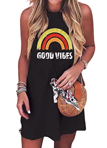 Sun Salt Sand Coconut Tree Tank Mini Dress for Women Casual Loose Sleeveless Beach Praty Shirts Summer Vacation Short Dress(Medium,Black)