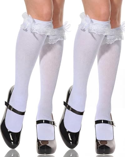 Syhood 2 Pairs Women's Knee High Socks, Soft Lace with Ruffle Bow, Breathable for Lolita Valentine's Day Gift(White)