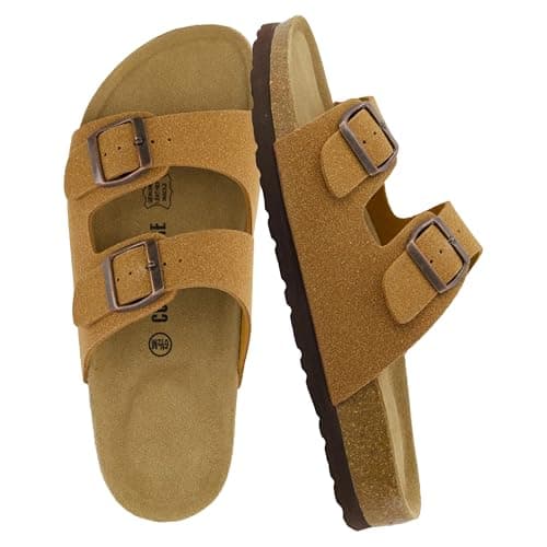CUSHIONAIRE Lane Cork Footbed Womens Sandals Comfortable Double Buckle Slip On Sandals for Women with Arch Support and Classic Two Strap Design, TAN 9W