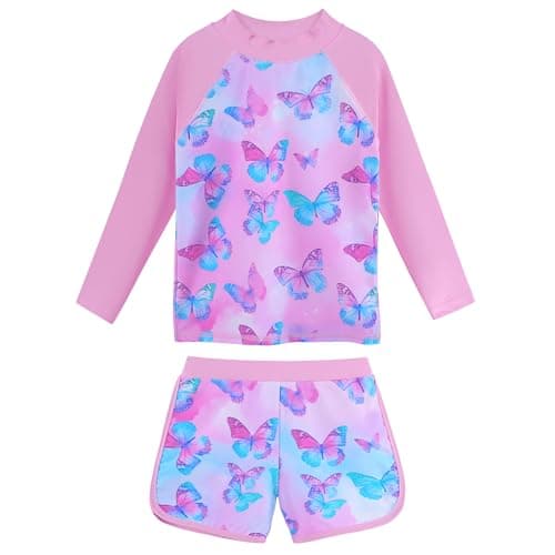 Girls Rash Guard 2 Pieces Swimsuit Long Sleeve Bathing Suit UPF 50+ Sun Protection Beach Tankini Swimwear S518_PinkButterfly_12A