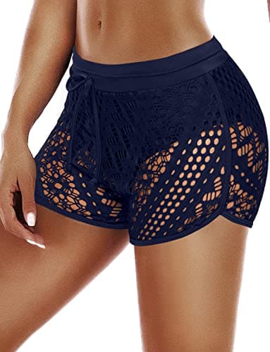 Zonsaoja Women Swim Shorts Lace Hollow Waistband Swimsuit Bottom Blue S