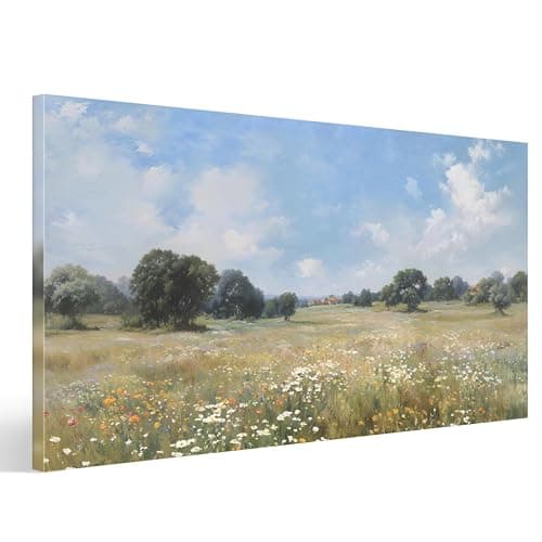 CCPEAR Wall Art Floral Nature Canves Paintings Rustic Wildflowers Field with Blue Sky Landscape Artwork Scenic Pictures, Modern Bright Large Home Decor for Living Room Bedroom Kitchen Office 20x40in