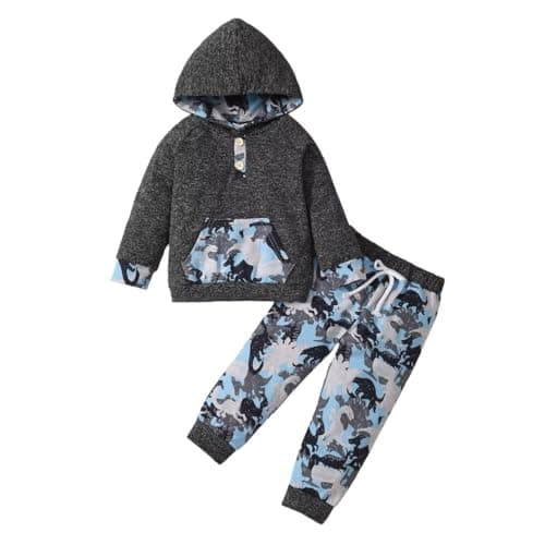 Bekarsy 12-18 Month Boy Clothes Fall Winter Outfits Toddler Baby Boys Long Sleeve Dinosaur Hooded Sweatsuit Tops Pants Set, Blue Camo Dino Hoodie Outfit 12-18M