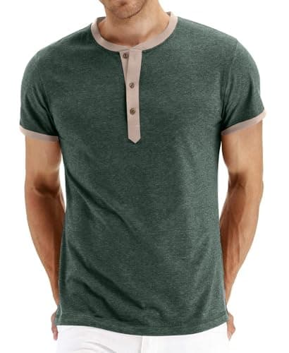 PEGENO Mens Short Slim Sleeve Casual Fashion Henley Shirt (Vg Green Beige XX-Large)