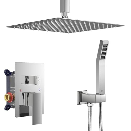 FORIOUS Rain Shower Head System, Shower Faucet Set with Handheld Spray Combo Rough-in Valve, Solid Brass Pressure Balanced Valve Trim Kit, 12" Ceiling Mount Chrome