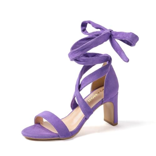 Amoji Women 3 Inch Strappy Heels Lady Heeled Sandal Strap Up Wedding Party Dressing Dress Shoes 333 Purple Heels Size 9.5 women