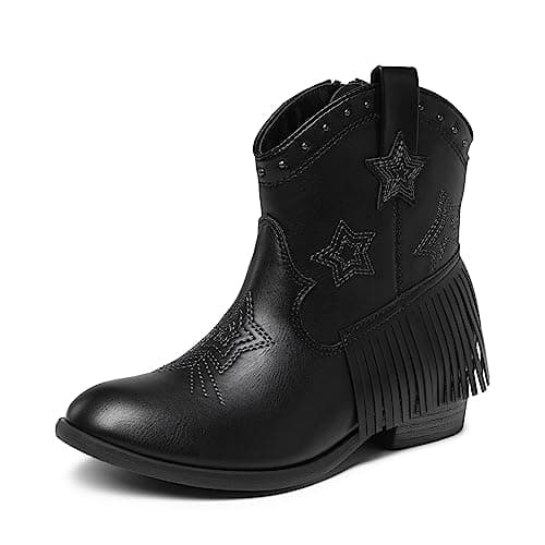 DREAM PAIRS Girls Cowgirl Cowboy Ankle Western Boots Side Zipper Riding Shoes with Tassel,Size 12 Little Kid,BLACK,SDBO2302K