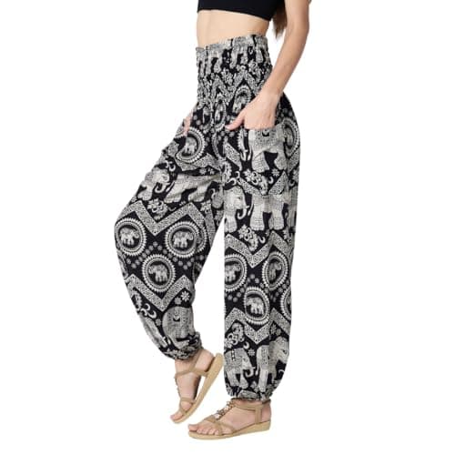 Tranquil Threads High-Waisted Yoga Pants, 100% Rayon, Boho/Harem Style with Pockets – Comfortable for Yoga or Casual Wear (US, Alpha, Small, Regular, Regular, Black Elephant)