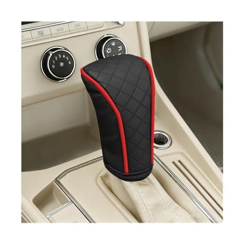 ANFTDCO Car Gear Shift Cover, Leather Breathable Anti Slip Automotive Shifter Stick Protector, Dust Waterproof Vehicle Gear Shift Knob Handle Decoration Accessories, Universal Fit (Black/Red)