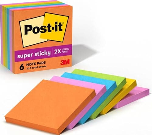 Post-it Super Sticky Notes, 3 x 3 in, Neon Fizz, 6 Pads, 70 Sheets/Pad