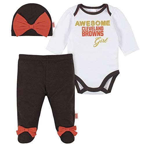 Gerber NFL Cleveland Browns 3 Pack Bodysuit Footed Pant and Cap Registry Gift Set, Brown/White Cleveland Browns, 0-3M