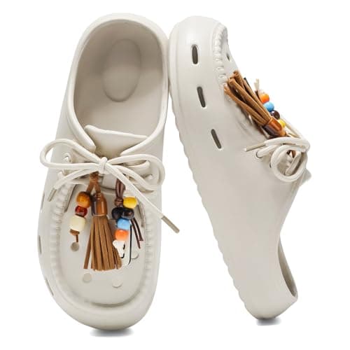 KINIKO Women's Clog Sandals with Retro Beaded Tassel Charms, Arch Support & Non-Slip Sole for Beach, Outdoor & Party Wear（Grey,7.5