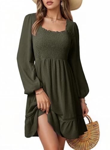 Dokotoo Flowy Dresses for Women Elegant Classy Wedding Guest Dresses Casual Scoop Neck Long Sleeve Spring Outifits Tiered High Waist Lace Dress Ruffle A-Line Beach Dress Green Small