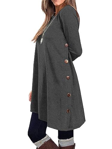 KORSIS Dresses for Women Dark Grey Medium Long Sleeve Round Neck Casual Button Side T Shirts Loose Fitting Girls Sweater Fall Winter Tunic Top With Jeans