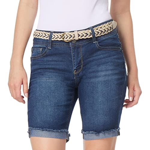 WallFlower Shorts for Women Luscious Curvy 9-Inch Bermuda Denim Mid-Rise Short- Alani Belted, 7