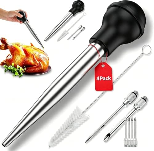 4pack Turkey Baster for Cooking, 16 Pieces Stainless Steel Meat Injector Syringe with 8 Needles & 4 Brushes, Silicone Bulb Baster for BBQ Thanksgiving Kitchen Cooking