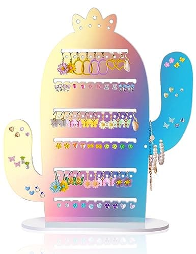 NiHome Cactus Iridescent Acrylic Earring Holder - 11.2" x 12.8", Stud Earring Rack Organizer for Women