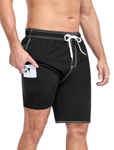 YnimioAOX Men Swim Trunks 9 Inch Compression Liner Quick Dry, Black, XL