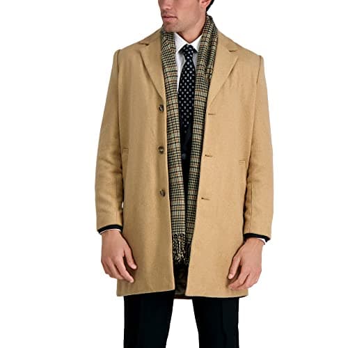 Haggar Men's Mid-Length Single Breasted Brushed Twill Topcoat, Camel, Large