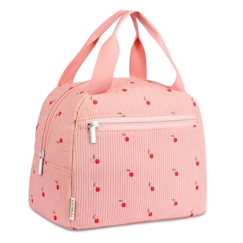 TENKIST Cute Lunch Box Tote Bag - CoolerCorduroy Insulated Bags for Women - Lightweight Reusable Portable Soft Lunch Pail Kit for Girl Adults Work Picnic Travel Pink 8L