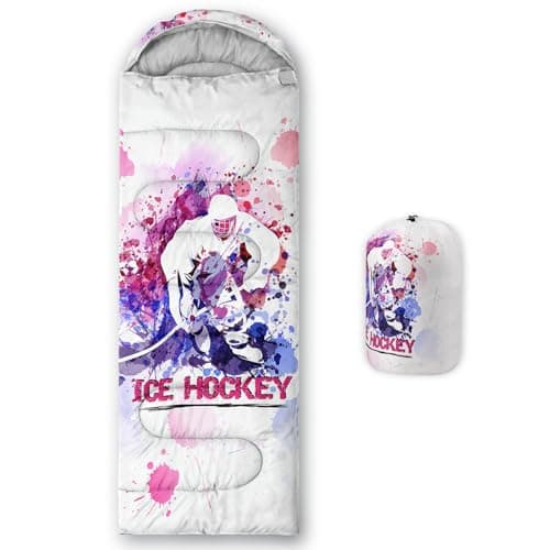 QOOMO Ice Hockey Player Printed Camping Sleeping Bags,3 Season Warm & Cool Weather,Lightweight,Waterproof Sleeping Bags for Adults & Kids,Traveling,and Outdoors,Camping Gear Equipment,31x90inch