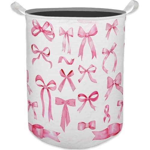 HKTZM Coquette Pink Bow Girls Laundry Basket, Toybox for Girls Room, Pink Preppy Laundry Basket Hamper Waterproof Collapsible Clothes Toys Storage Bin Organizer for Girly Bedroom Dorm Bathroom