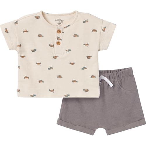 Modern Moments by Gerber Baby Boys' Henley Shirt and Shorts Set, Beige Beach Buggys, 6-9 Months