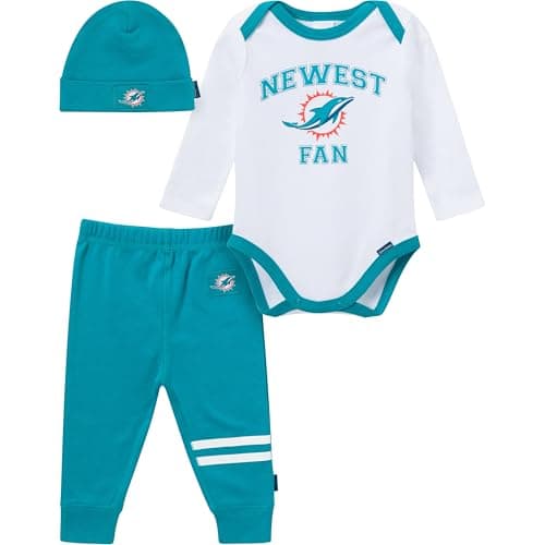 Gerber NFL Team Baby Boys' 3-Piece Onesie Bodysuit, Active Pant and Cap Set, Dolphins, 6-9 Months