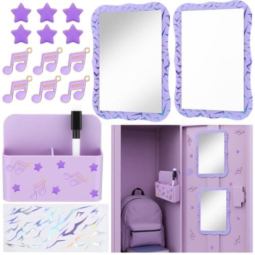 RattanView 32 Pcs Kpop Locker Accessories Set K Pop Locker Decoration with Purple Lightning Mirror Whiteboard Storage Box Acrylic Magnets Marker Sticker DIY Accessories for Back to School Essentials
