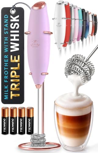 Zulay Kitchen Powerful Milk Frother Wand With Duracell Batteries - Ultra Fast Handheld Drink Mixer - Electric Whisk Foam Maker for Coffee, Lattes, Cappuccino & Matcha - Triple Whisk - Regal Lavender