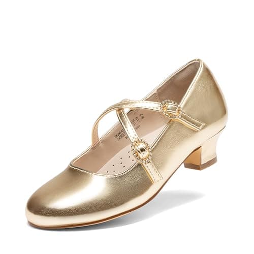 DREAM PAIRS Girls Dress Shoes Mary Jane High Heel Round Toe Straps Pumps Flower Wedding Party Princess Flats for Little/Big Kids,Size 2 Little Kid,Gold,KKUMFA2510