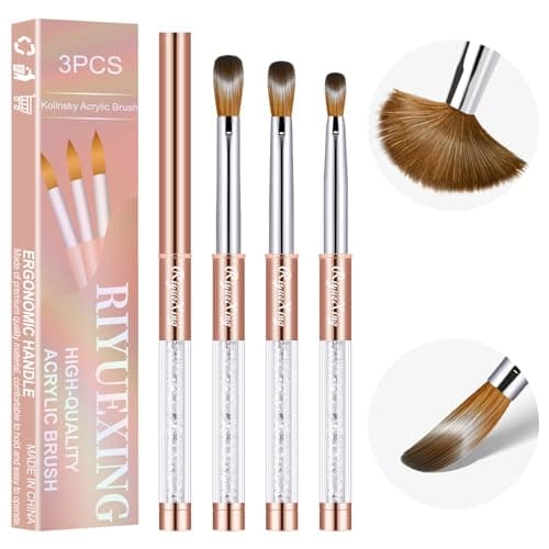 3PCS Kolinsky Hair Acrylic Nail Brush Set, Size 6/10/12, Oval Crimped Pressed Shaped, Golden Metal Handle, Professional Manicure for DIY Home Salon