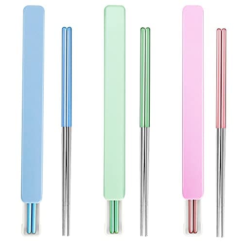 Metal Chopsticks With Case, 3 Pairs, Light Blue Green Pink