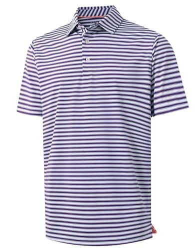 M MAELREG Golf Shirts for Men Dry Fit Performance Moisture Wicking Striped Collared Mens’ Polo Shirts Short Sleeve Purple White