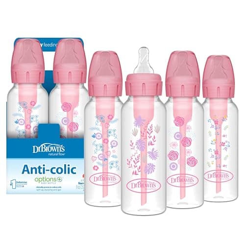 Dr. Brown's Anti-Colic Options+ Narrow Baby Bottle, Pink Floral, 4-Pack