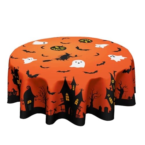 Halloween Tablecloth Round 60 Inch Haunted House Castle Ghost Witch Bat Table Cloth Circle Reusable Washable Wipeable Holiday Table Cover Polyester Tabletop for Dining Kitchen Picnic Party Decor