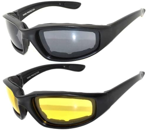 OWL 2 Pack Motorcycle Riding Glasses for Men and Women, Foam Padded Wind Blocker Sunglasses for Day and Night Driving Black Smoke and Yellow