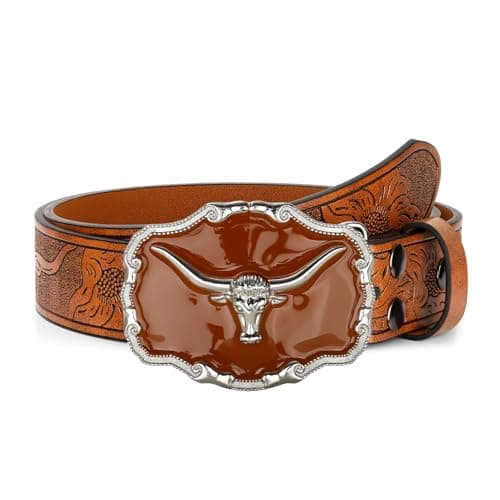 UpFind Western Leather Belts for Men Black Cowboy Longhorn Buckle Belt for Jeans Vintage Floral Embossed Country Belt